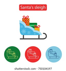 Christmas sleigh gift flat and line icons. Santas sleigh flat style image. Winter holidays vector illustration.