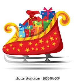 Christmas sleigh with gifts from Santa Claus. Colorful cartoon vector illustration on white background.