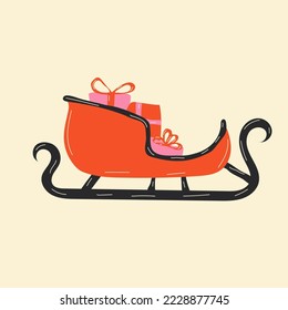 Christmas sleigh with gifts and Christmas tree. Vector. Postcard	