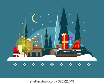 Christmas sleigh. Holiday xmas, winter and santa, gift and reindeer, flat vector illustration