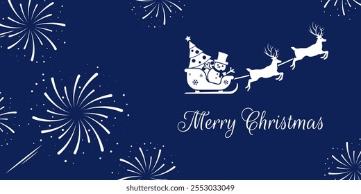 The Christmas sleigh icon with a deer highlighted on a blue background. A Christmas card with a festive decoration. Fireworks in the background. Happy Christmas and New Year background.