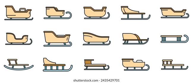 Christmas sleigh icons set outline vector. Santa claus transport. Gift carriage color line isolated