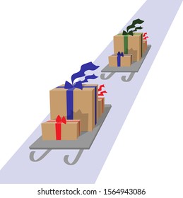 Christmas sleigh with present boxes, gift card. New year holiday festive transport sled, vector image.