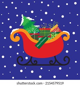 Christmas Sleigh, Present and Tree For Christmas Card, Gift Bag Or Box Design