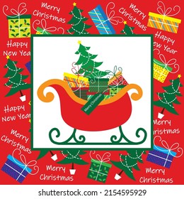 Christmas Sleigh, Present and Tree For Christmas Card, Gift Bag Or Box Design