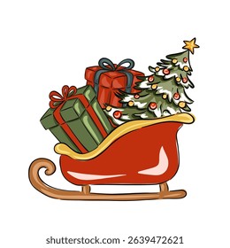 Christmas sleigh with presents and decorated Christmas Tree. Vector illustration