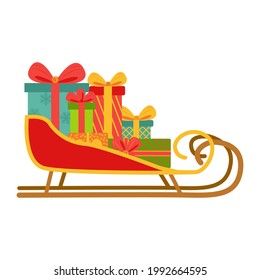 Christmas sleigh with presents isolated on white. Red Santa's sledge with gift boxes cartoon style