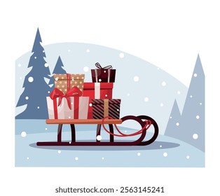 Christmas sleigh with presents in a snowy landscape