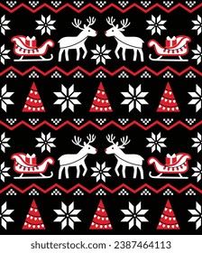 Christmas sleigh and reindeer on snowflakes background for ugly sweater design. Winter seamless pattern.