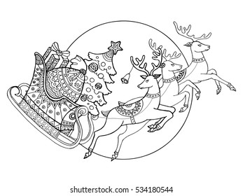 Christmas sleigh with reindeers cartoon coloring book vector illustration