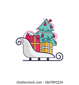 Christmas Sleigh ride gifts tree flat vector illustration