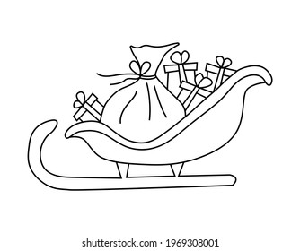 Christmas sleigh of Santa Claus with bag and gift boxes. New Year and Christmas theme. Cute Christmas sleigh. Vector illustration hand drawn in outline doodle style.