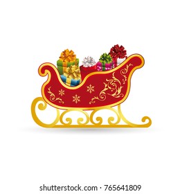 Christmas sleigh santa claus, with gifts, ornate, cartoon on white background, vector