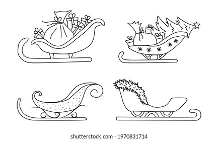 Christmas sleigh of Santa Claus. A set of sleighs empty and loaded with gifts. Vector illustration hand drawn in outline doodle style.