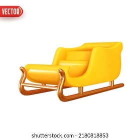 Christmas sleigh Santa Claus yellow and gold color. Realistic 3d design element In plastic cartoon style. Icon isolated on white background. Vector illustration