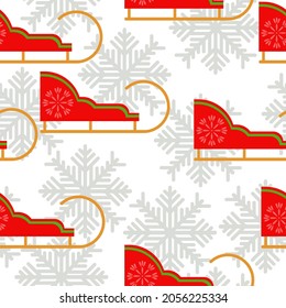 Christmas sleigh seamless pattern, bright red Xmas sleigh and snowflakes on white vector illustration