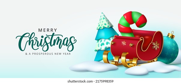 Christmas sleigh vector design. Merry christmas greeting text in outdoor snow with santa sleigh, candy cane and fir tree decoration for xmas holiday. Vector illustration.
