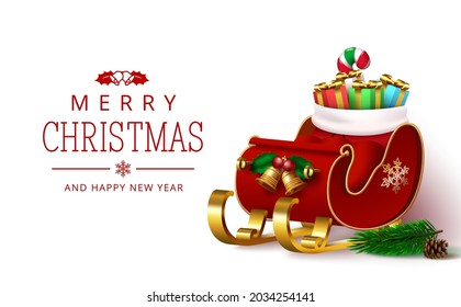 Christmas sleigh vector template design. Merry christmas greeting text with santa claus sledge, gifts and bag for xmas giving season celebration card. Vector illustration.
