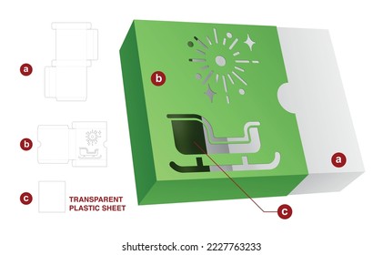 Christmas sliding box with sleigh window die cut template and 3D mockup