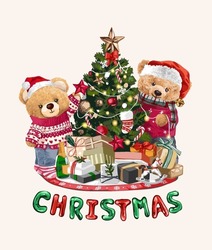 Christmas Slogan With Bear Doll Couple Decorating Christmas Tree Vector Illustration