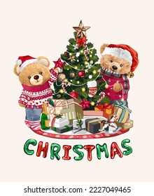 christmas slogan with bear doll couple decorating christmas tree vector illustration