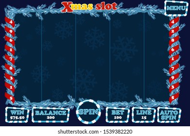 Christmas Slot, game UI interface and buttons in blue color. Complete menu for casino game. Objects on a separate layer.