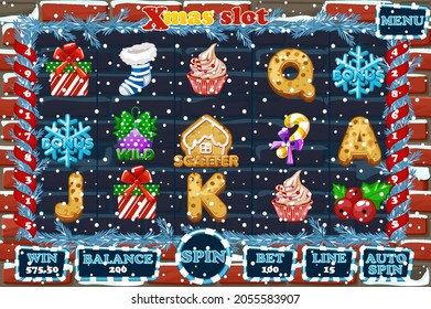 Ranura de Navidad, menú de interfaz de usuario de juego e iconos. Ilustración festiva vectorial Menú completo para juego de casino.