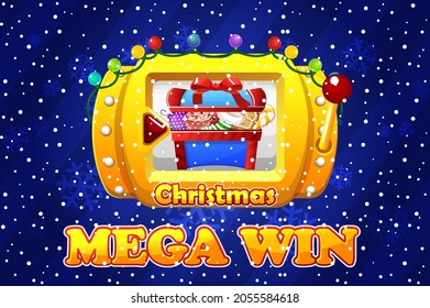 Christmas slot machine, chest with sweets, mega win screen for the game. Vector illustration golden jackpot machine with a garland on a snowy background.