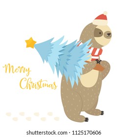 Christmas sloth bearing holiday tree. Holiday greeting card with cute animal