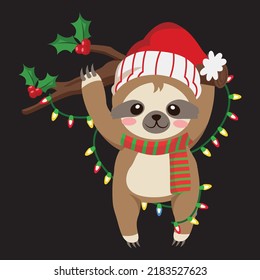 Christmas sloth with candy cane vector. Cute sloth illustration.