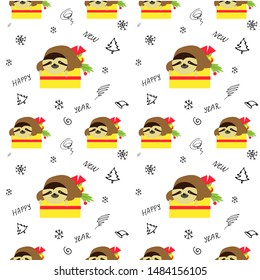 Christmas sloth in a gift box seamless pattern On a white background. For textiles, packaging, carton, cardboard, wrapping paper and other. In a cartoon style. Vector