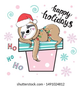 Christmas sloth in a santa claus hat lies on a box with a gift on a white background