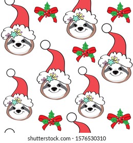 Christmas sloth in santa claus hat and christmas ribbon on white background seamless pattern