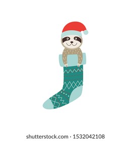 Christmas sloth in Santa hat hanging in festive stocking, cute animal during winter holiday. Happy smiling baby mammal drawing in cartoon style, isolated vector illustration on white background