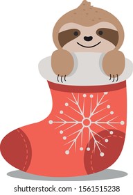 Christmas sloth vector. Cute sloth in christmas sock illustration.