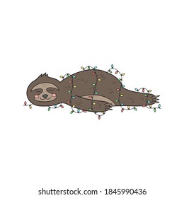 Christmas sloth vector illustration. Cute hand drawn sloth lying wrapped in xmas lights. Isolated cartoon drawing.