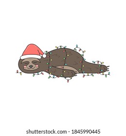 Christmas sloth vector illustration. Cute hand drawn sloth with santa hat lying wrapped in xmas lights. Isolated cartoon drawing.