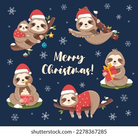 Christmas sloths set. Collection of exotic animals in santa claus hat. Character with garland and gift box and cup with cookie. Cartoon flat vector illustrations isolated on snowy background