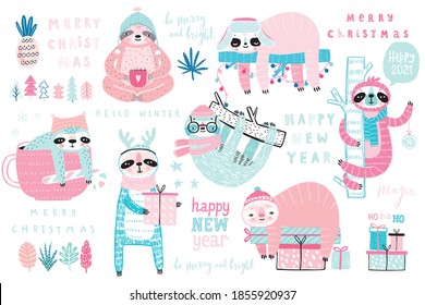 Christmas Sloths set, hand drawn style - calligraphy, cute sloths and other elements. Vector illustration.