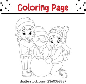 Christmas Small children making a funny  snowman. Merry Christmas Vector illustration coloring book.