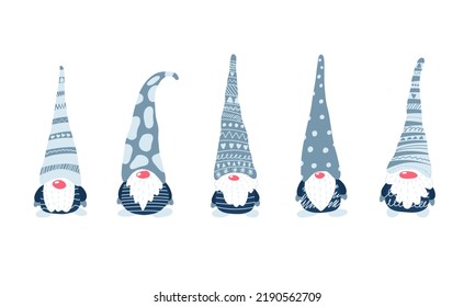 Christmas small gnomes. Little Scandinavian gnome in a New Year santa blue hat. Set of flat cartoon hand drawn characters. Vector illustration isolated on white background.