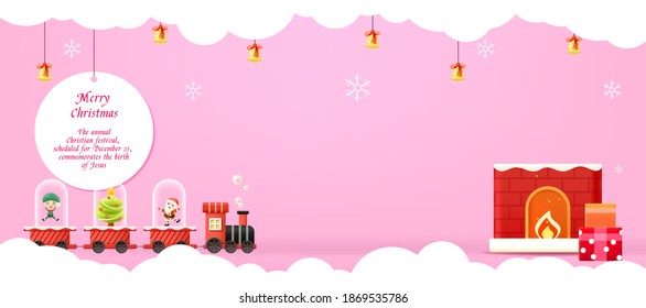 Christmas a small red train pulling the Christmas tree and Santa Claus running in the snow vector illustration