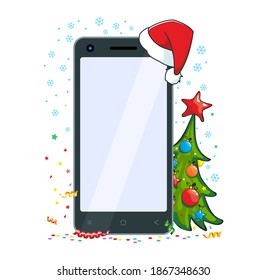 Christmas smartphone mockup template for greeting card, announcement, invitation. Copy text to the screen in New Year's design. Vector on transparent background