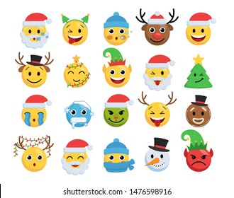 Christmas smile faces set vector illustration. Festive collection smiles characters emotions cold, laughing, showing tongue flat style concept. Isolated on white background