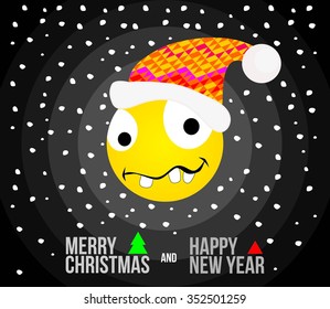 Christmas smiley face card, text, snowflakes