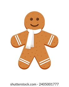 Christmas smiling gingerbread men with white scarf. Cute classic biscuit. Xmas Gingerbread cookies. Vector illustration. Noel holiday sweet desserts i