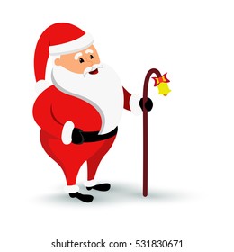 Christmas smiling Santa Claus character is coming. Cartoon bearded man in festive costume Santa Claus with baculus and bell. Vector xmas illustration eps10