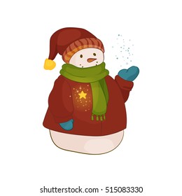 Christmas smiling snowman with carrot-nose is wearing a red hat with yellow pompom and coat with glowing magic star, green scarf, blue mittens and catching the snow. Vector illustration.