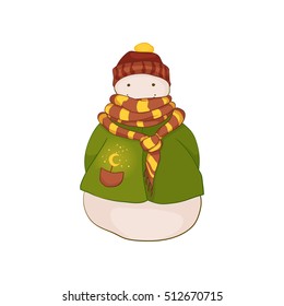 Christmas smiling snowman is wearing a coral hat with yellow pompom, scarf with red and yellow stripes, green coat with coral pocket and glowing moon-shaped candy in it. Vector illustration.
