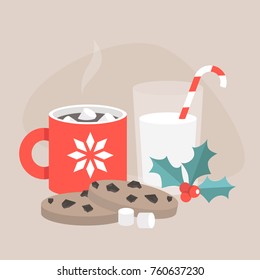 Christmas snacks: chocolate chip cookies and hot chocolate with marshmallows. Holly berry / flat editable vector illustration, clip art